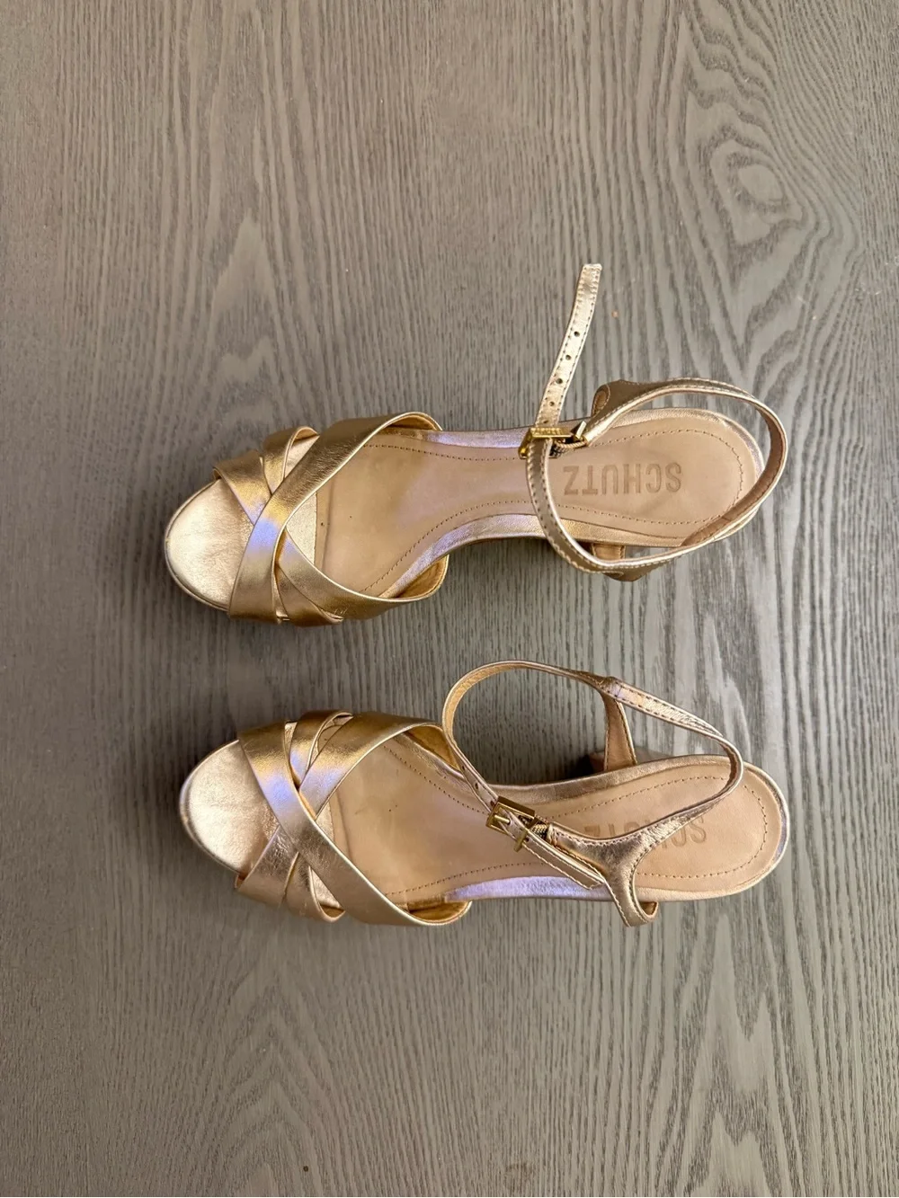 SCHUTZ Gold Satin Platform Block Heel Sandals